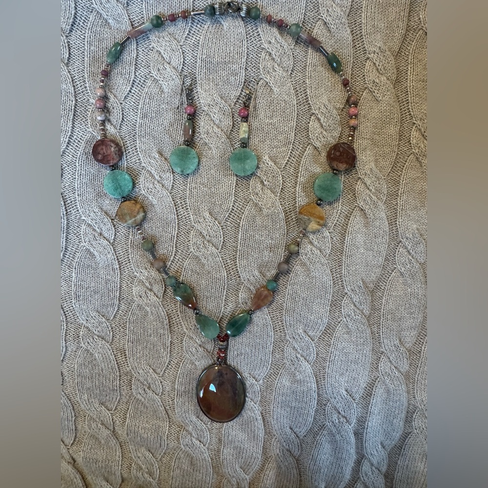 Natural Stone & Sterling Silver, Pendant Necklace & Earrings, Vintage Handmade